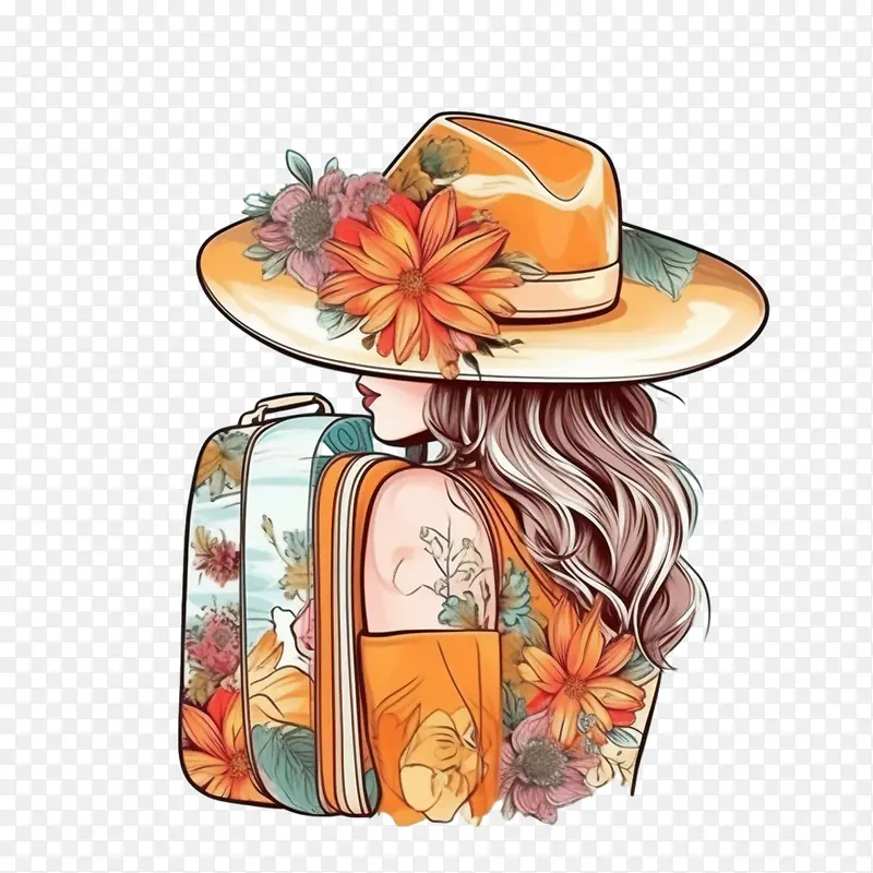 旅行-旅行女人旅行手提箱鲜花