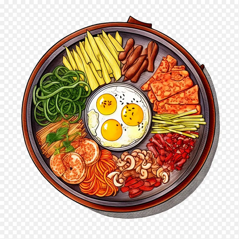 韩国食品-韩国食品面条鸡蛋蔬菜和酱汁