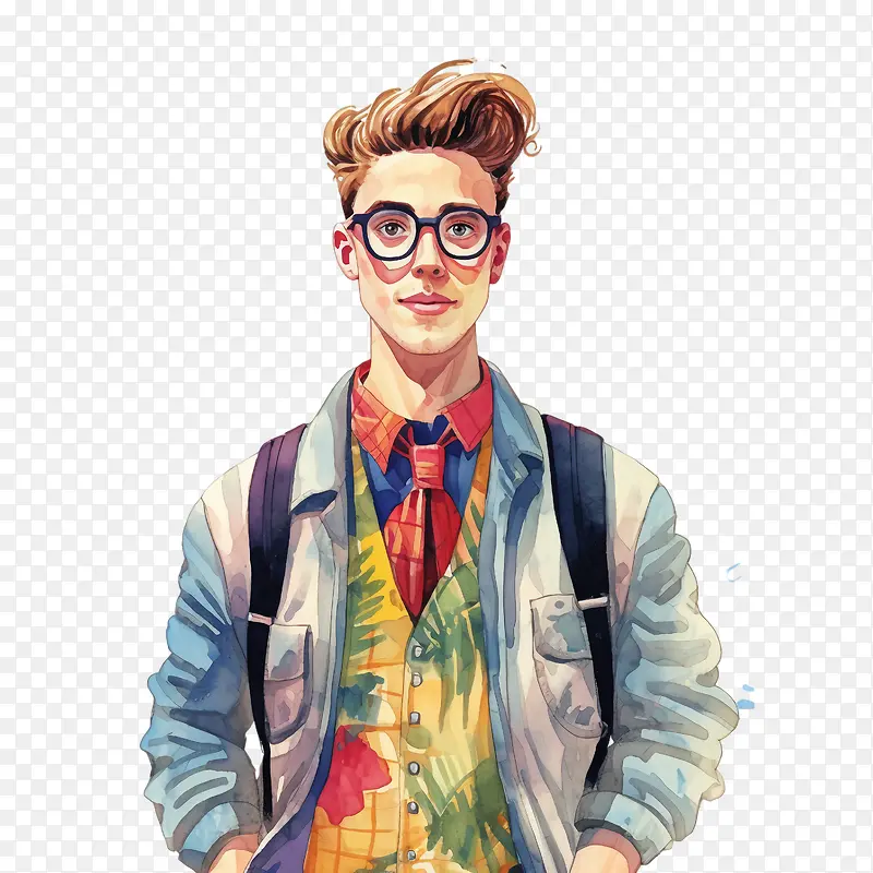 时尚男孩-穿着眼镜条纹衬衫,花卉印花领带和牛仔背心的时尚男孩年轻人