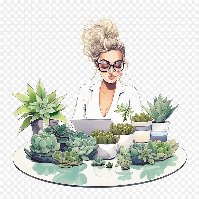 职业女性-职业女性工作女孩女人植物桌
