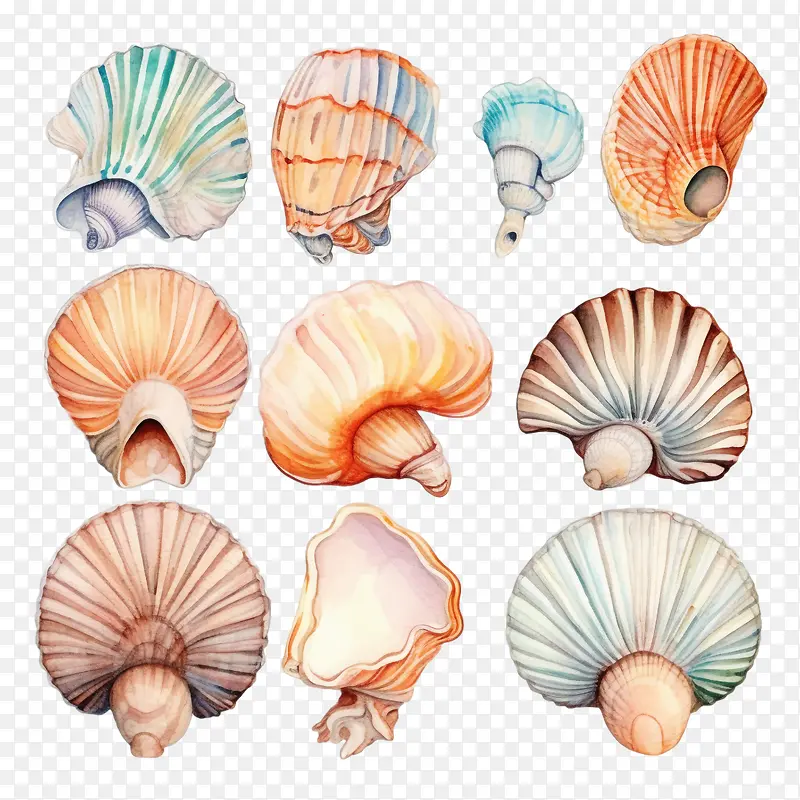 贝壳-贝壳贝壳水彩海洋海洋生物