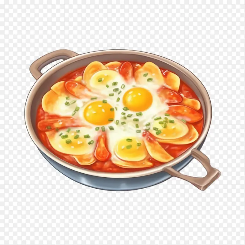 韩国食品-韩国食品煎锅鸡蛋香肠洋葱辣椒