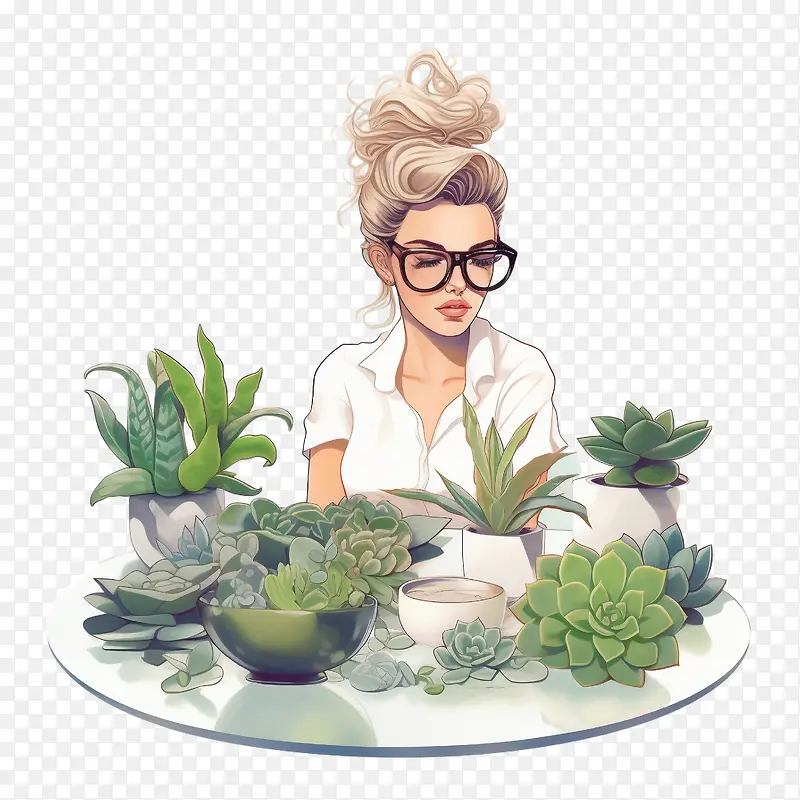 职业女性-职业女性工作女孩植物多肉植物绿化