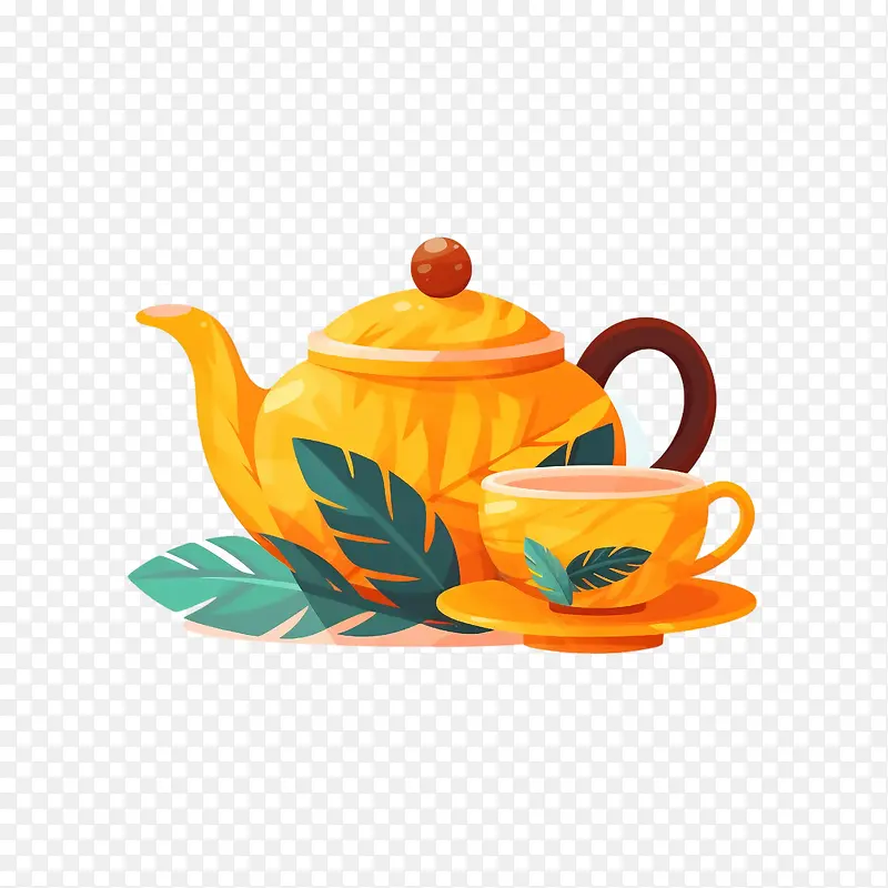 茶壶-茶壶茶壶茶杯叶子绿色