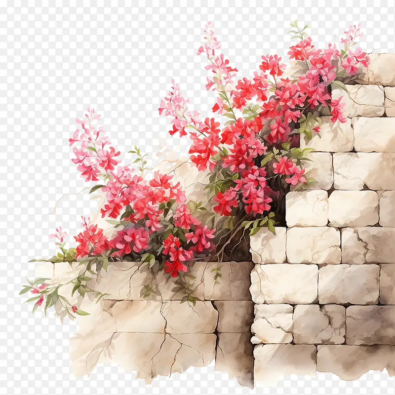 哭墙花-哭墙花粉红色的花朵水彩旧风化