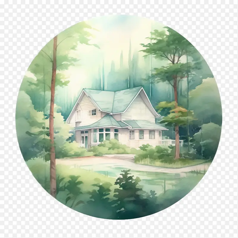 水彩小屋-水彩小屋房子森林树木山