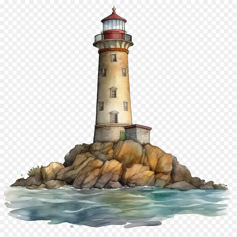 灯塔-灯塔灯塔水彩海边沿海