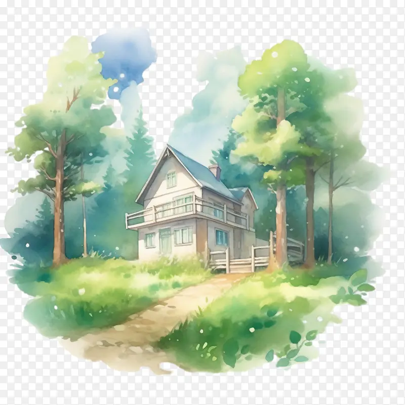 水彩小屋-水彩小屋房子水彩山森林