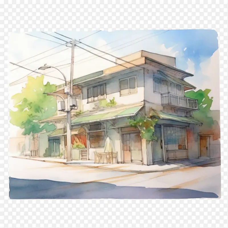 咖啡店-咖啡店建筑城市街景水彩