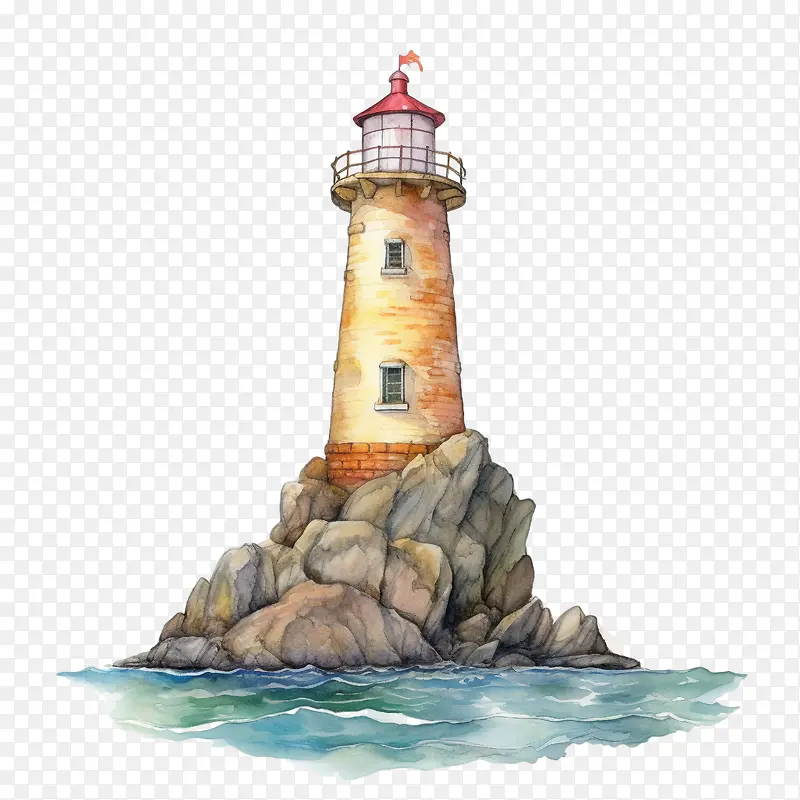 灯塔-灯塔灯塔水彩海边岩石悬崖