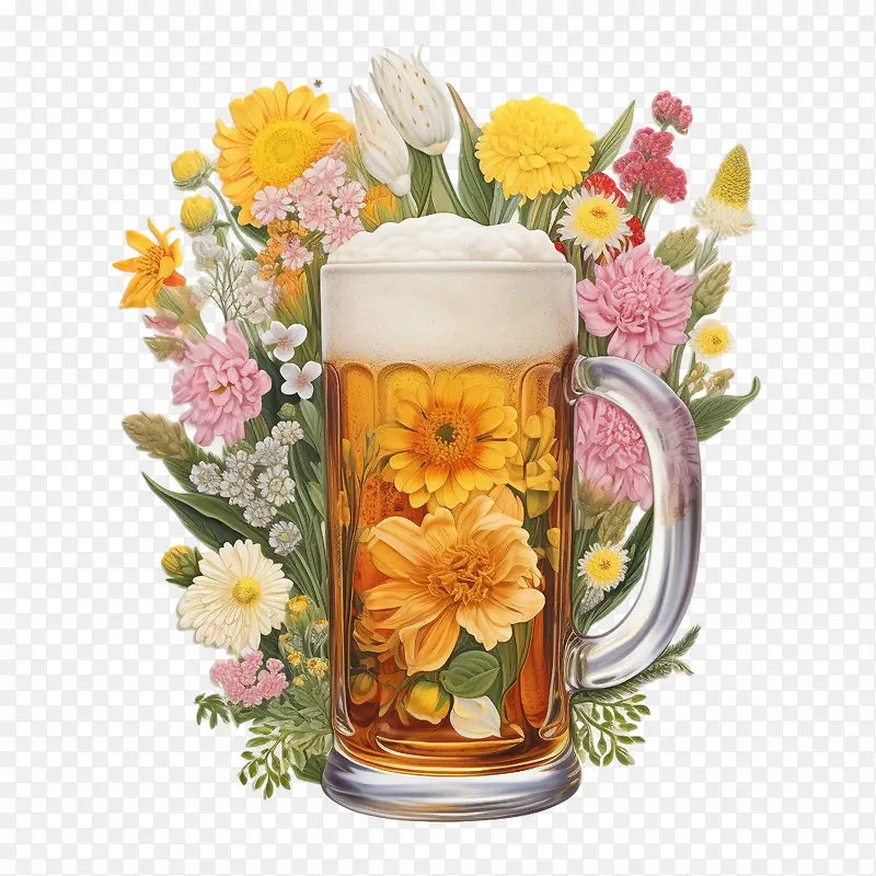 啤酒-啤酒啤酒杯鲜花春天