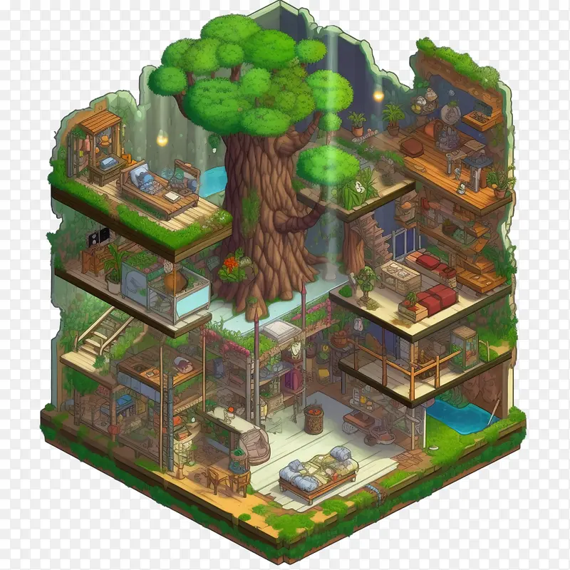 剖面图-剖面图房子树屋木屋内部