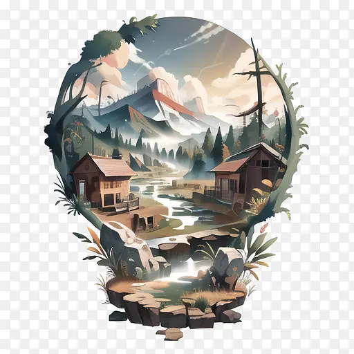 抽象自然-抽象自然山村溪流森林