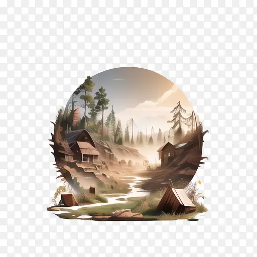 抽象自然-抽象自然小屋森林山间溪流