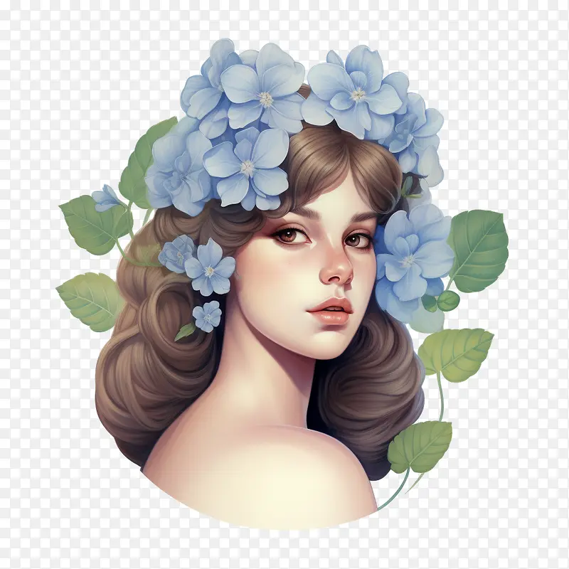 绣球花-绣球花女孩肖像女人蓝色花朵花冠