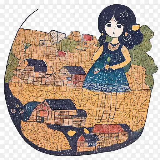 卡通-卡通女孩村庄天空山