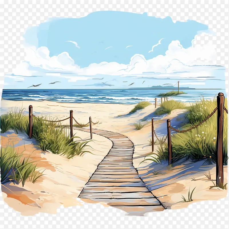海滩步行路-海滩步行路沙滩木制走道海景蓝天