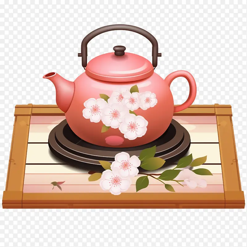 茶壶-茶壶粉色茶壶木托盘樱花春天