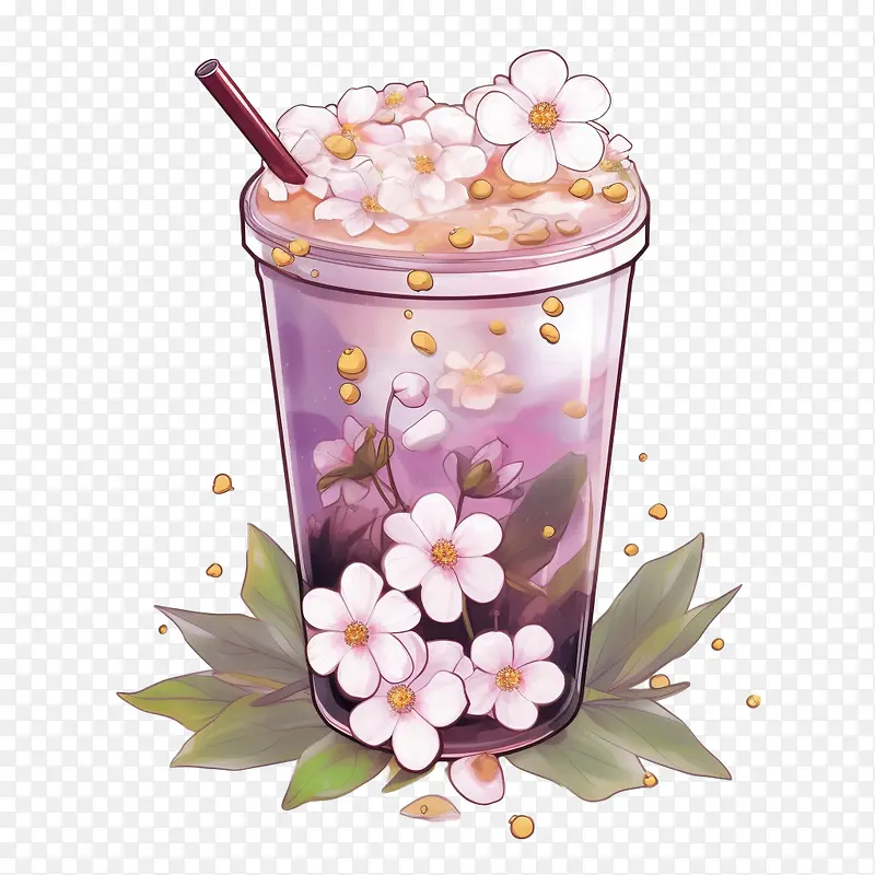 珍珠奶茶-珍珠奶茶奶茶饮料紫色花朵
