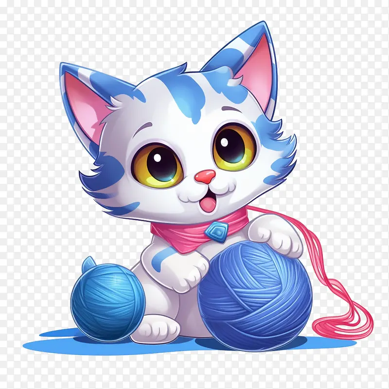 猫玩毛线球-猫玩毛线球小猫蓝眼睛白色毛皮粉色项圈