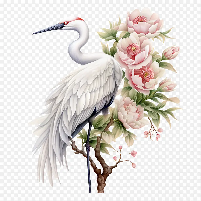 鹤花-鹤花白鸟粉红花枝桃花