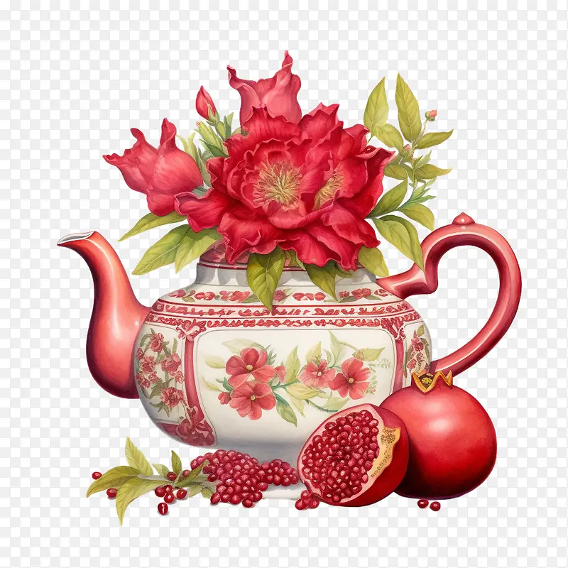 石榴和鲜花-石榴和鲜花茶壶屋茶壶红色花朵粉色花朵