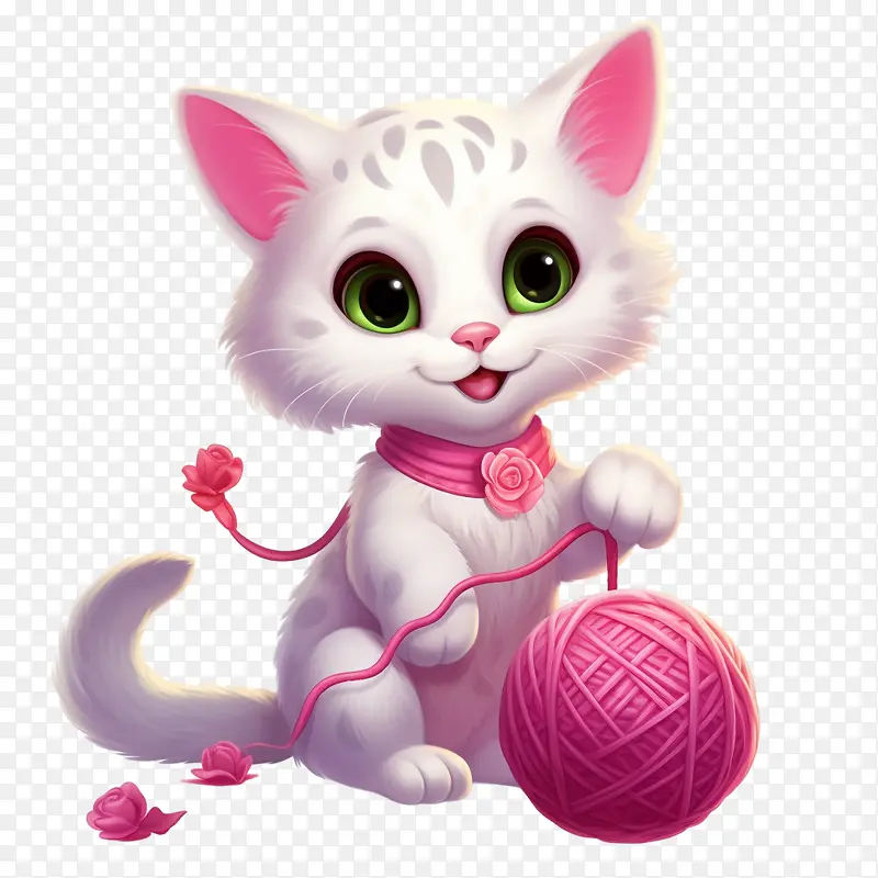 猫玩毛线球-猫玩毛线球猫小猫白色粉色