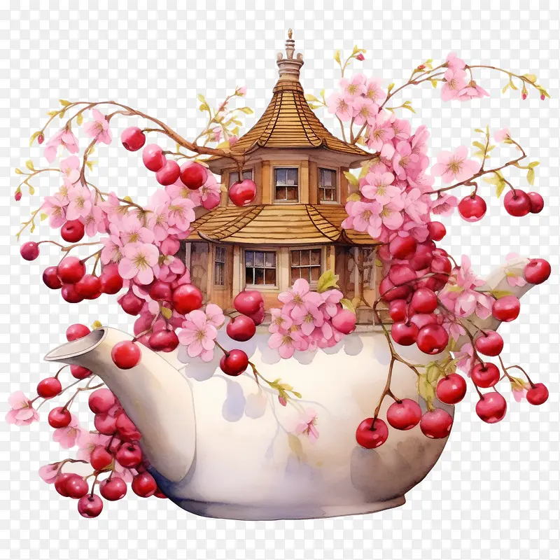 樱桃与花-樱桃与花茶壶屋樱花白茶壶竹屋顶