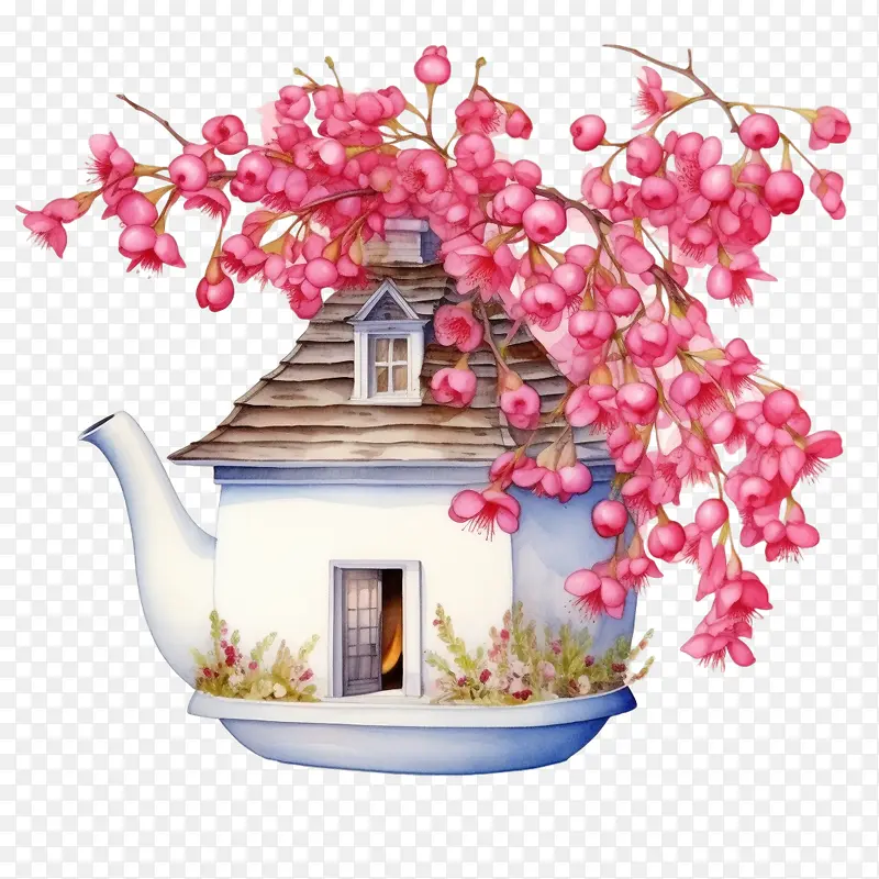 樱桃与花-樱桃与花茶壶屋茶壶粉红色的花朵樱花