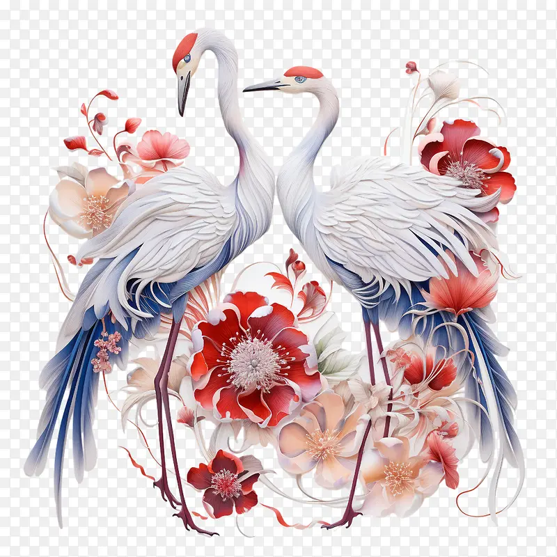 鹤花-鹤花红白花鸟