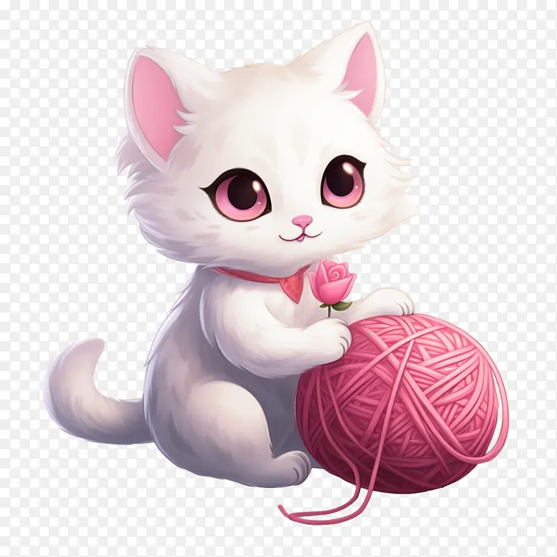 猫玩毛线球-猫玩毛线球小猫白色蓬松粉红色