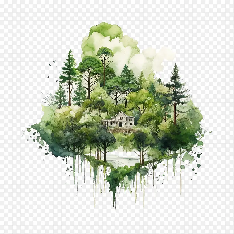 世界自然保护日-世界自然保护日森林树木水彩湖