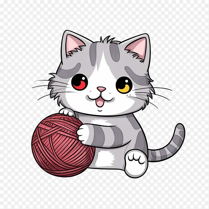 猫玩毛线球-白色背景