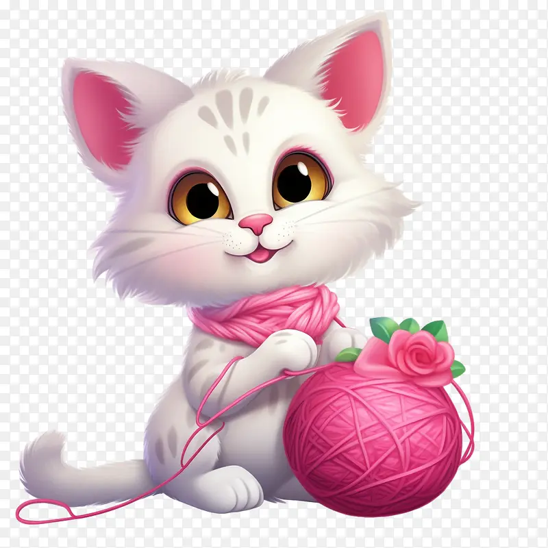 猫玩毛线球-猫玩毛线球猫白色粉色毛线编织
