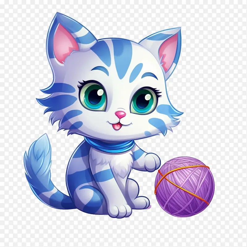 猫玩毛线球-猫玩毛线球小猫蓝眼睛白色毛皮条纹图案