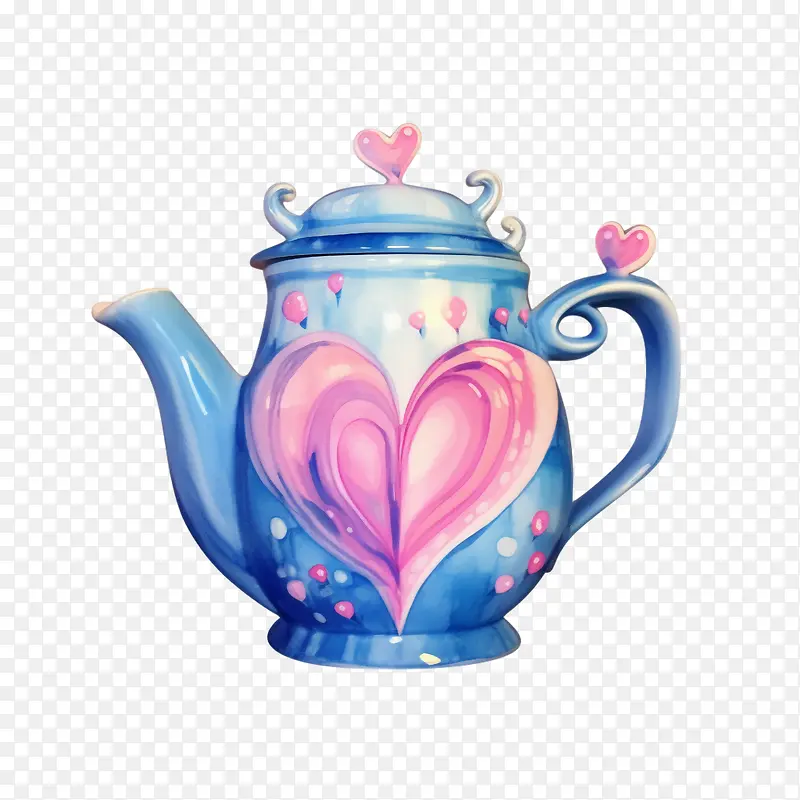 茶壶-茶壶茶壶蓝色粉色心形水彩