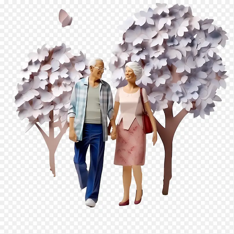 国际老年人日-国际老年人日老夫妇漫步树木盛开的鲜花