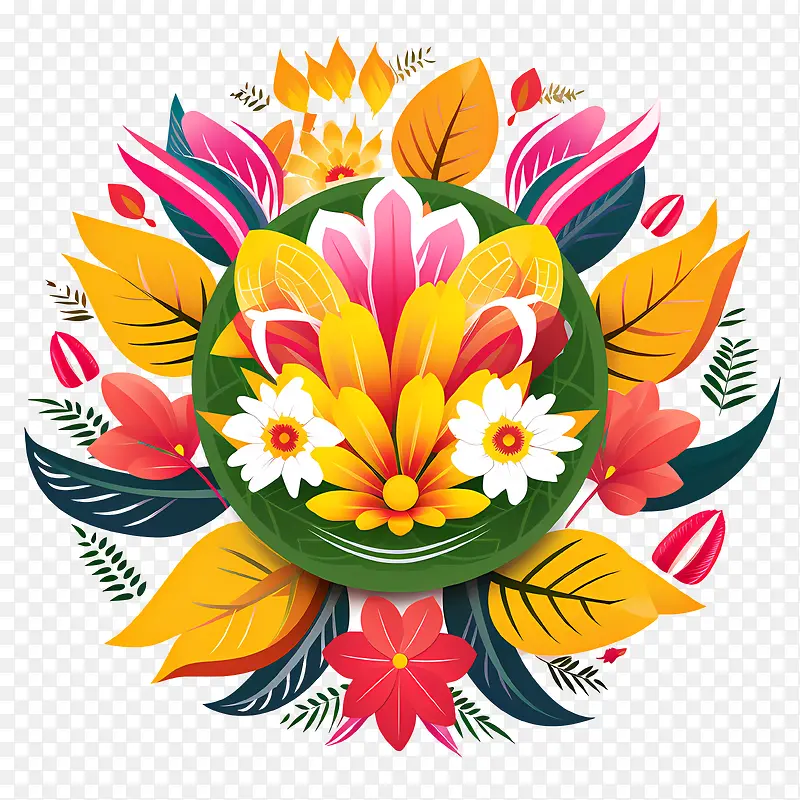 onam花卉rangoli-onam花卉rangoli花圈鲜艳的色彩