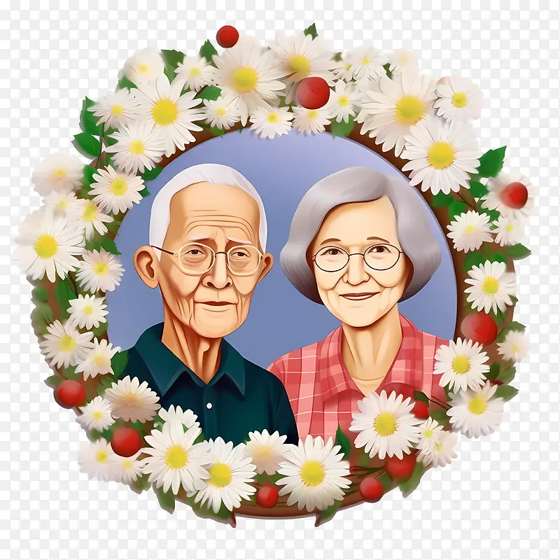 国际老年人日-国际老年人日老年夫妇花圈雏菊快乐