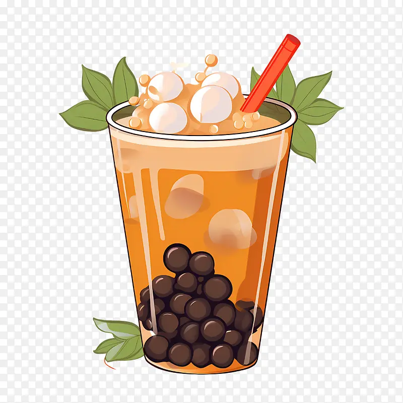 珍珠奶茶-珍珠奶茶甜茶焦糖酱鲜奶油薄荷叶
