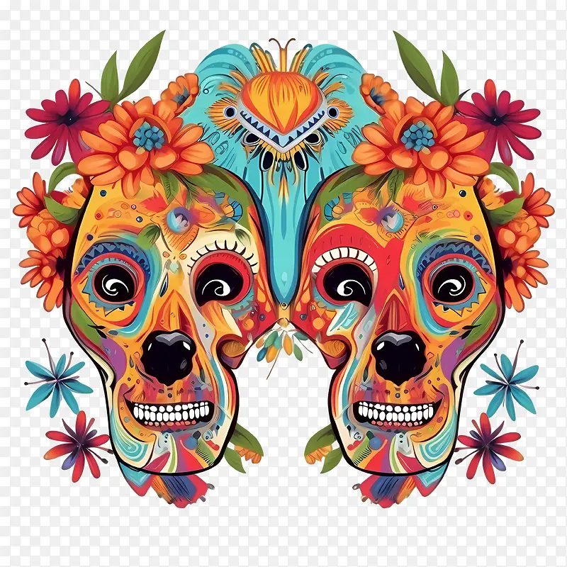 亡灵节-亡灵节死亡之日彩色头骨头骨与鲜花花卉头骨