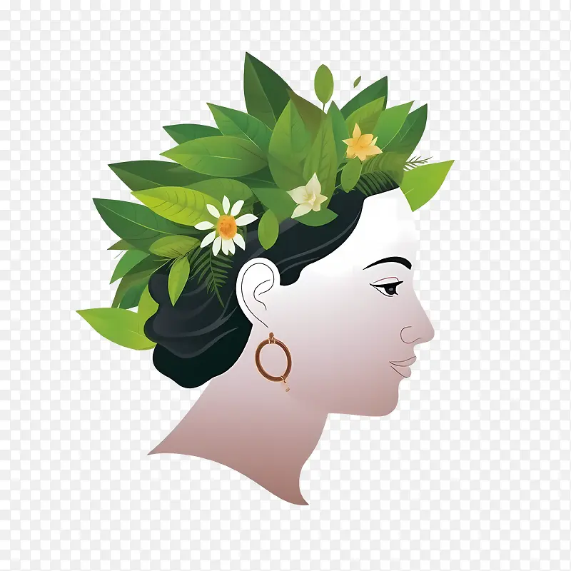 抽象的脸-抽象的脸女人绿色花环花叶