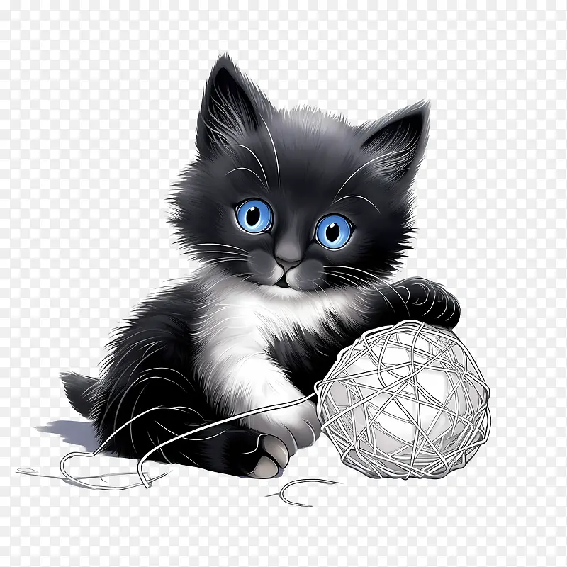 猫玩毛线球-猫玩毛线球猫小猫黑白眼睛