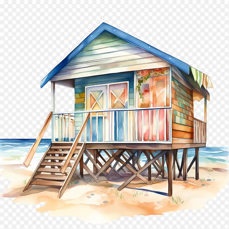 海滩小屋-海滩小屋小屋海滩水彩热带