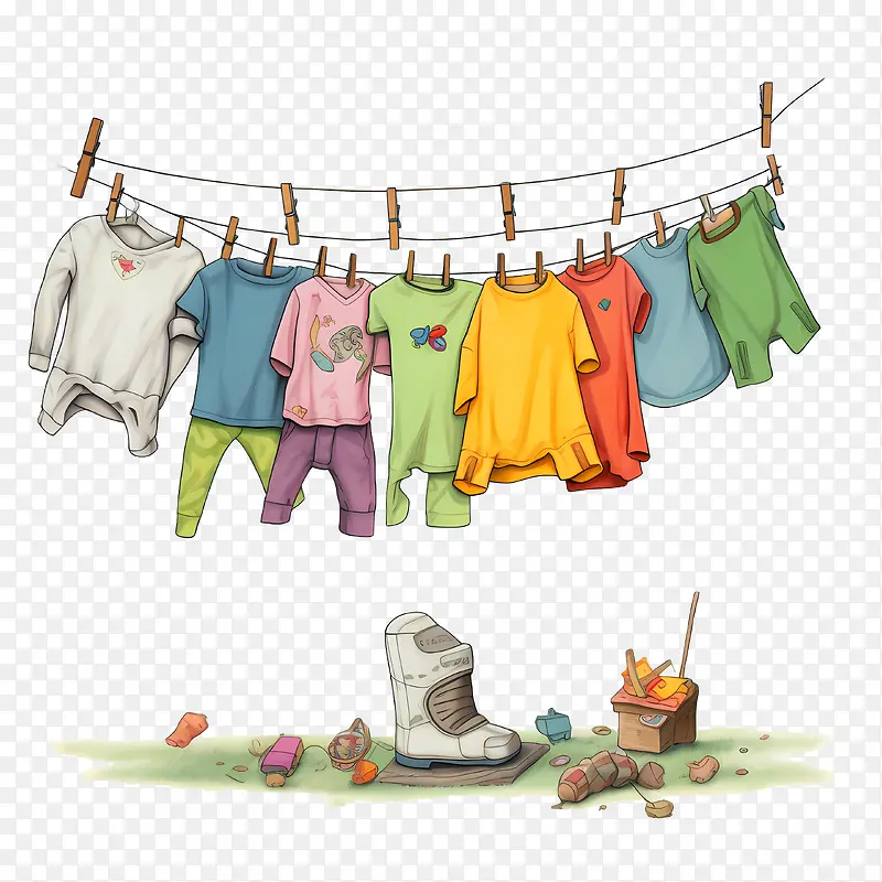挂衣服——挂衣服婴儿衣服挂在晾衣绳上的衣服户外