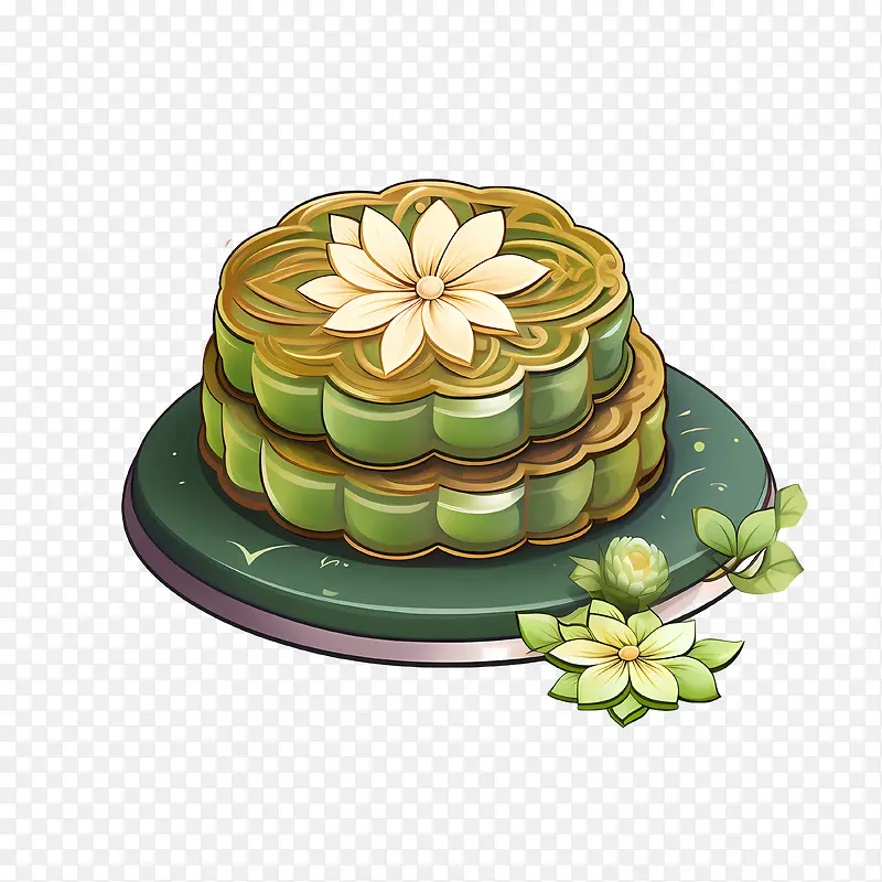 绿色月饼-花卉装饰