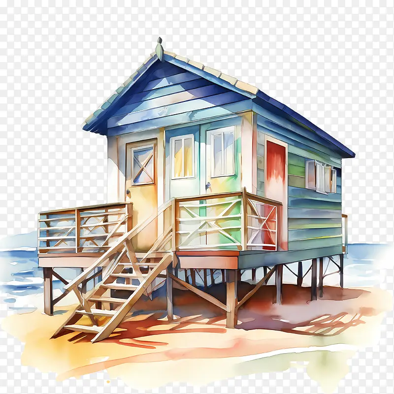 海滩小屋-海滩小屋海滨别墅水彩小屋