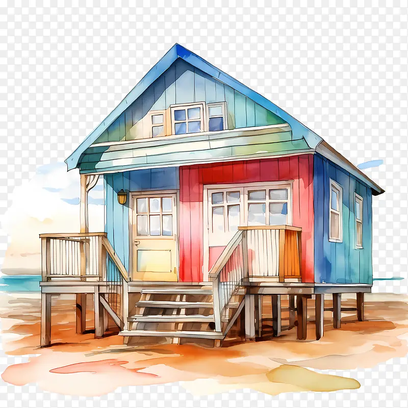 海滩小屋-海滩小屋小屋海滩水彩沿海