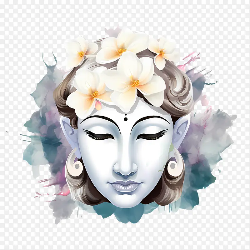 抽象脸-抽象脸主毗湿奴印度教神白莲花水彩画