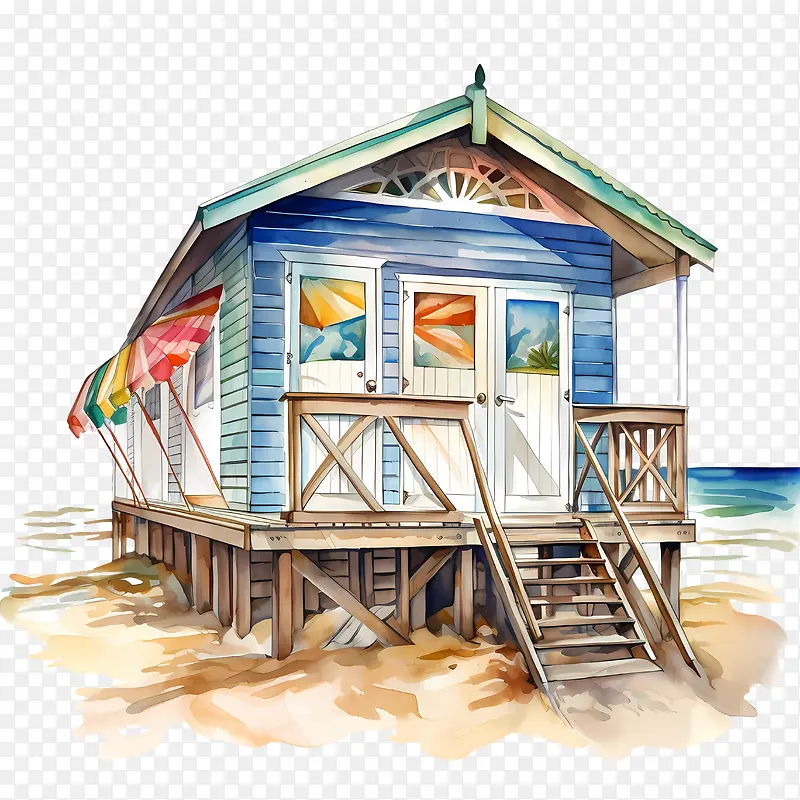 海滩小屋-海滩小屋房子海滩蓝色水彩